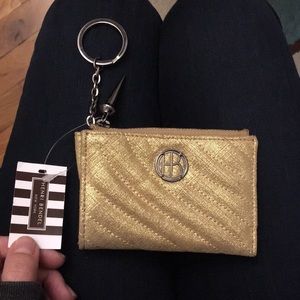 Henri Bendel coin purse keychain, gold, quilted